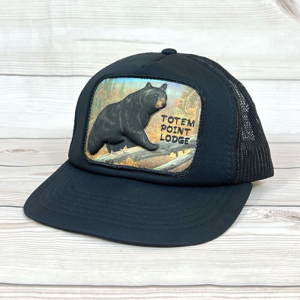 VTG Totem Point Lodge Trucker Hat 3D Puffy Patch Grizzly Black Bear Snapback Cap